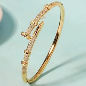 Women Gold Nail Bangle – Sparkling Zircon Statement Bracelet